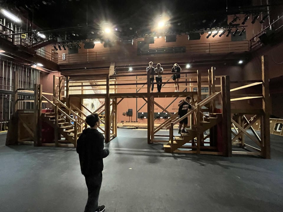The main balcony of the set, as rough framing being constructed.