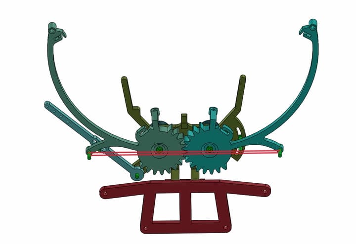 Colored CAD model of the claw in the open position, showing the over-center mechanism and gearing mechanism.