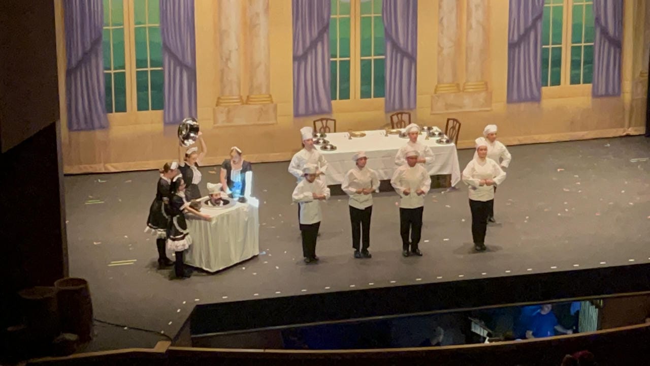 The dining hall, with the Chef being served on a platter after Sebastien the crab trapped him.