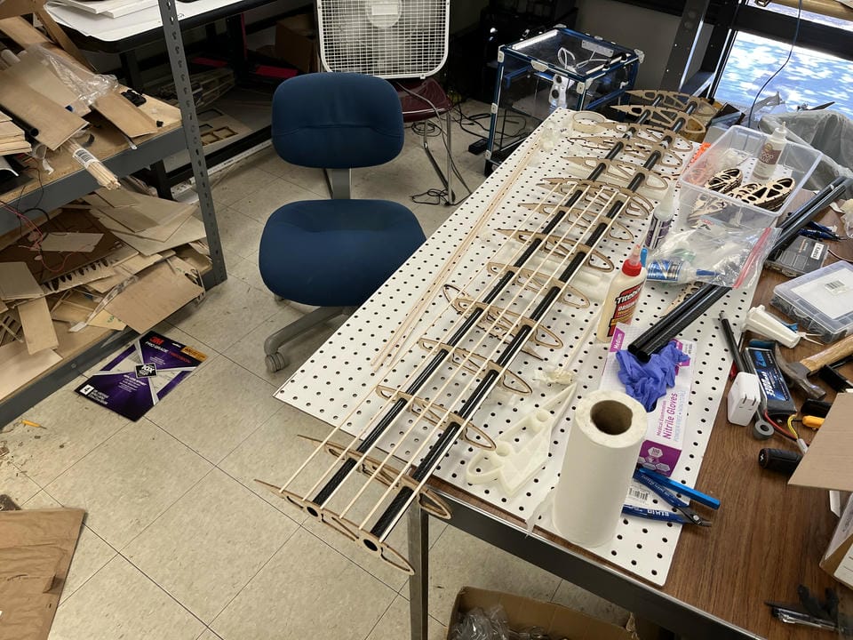 Solar airplane wing during rib assembly